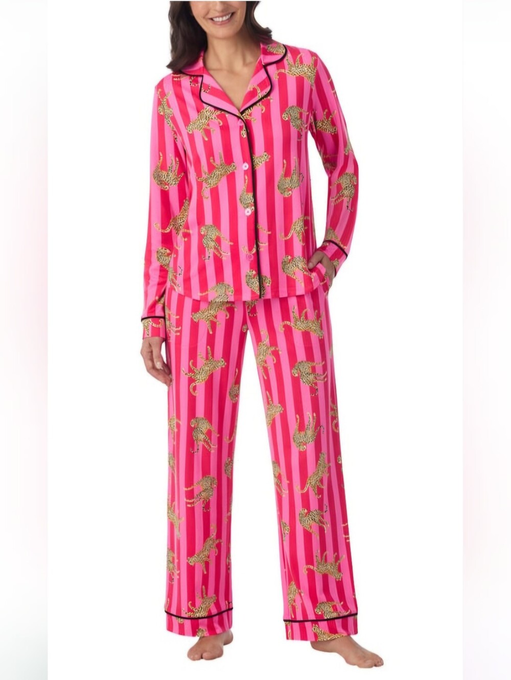 NEW! Room Service Pink Cheetah Print 2 Piece Notch Collar Pajama Set Size S